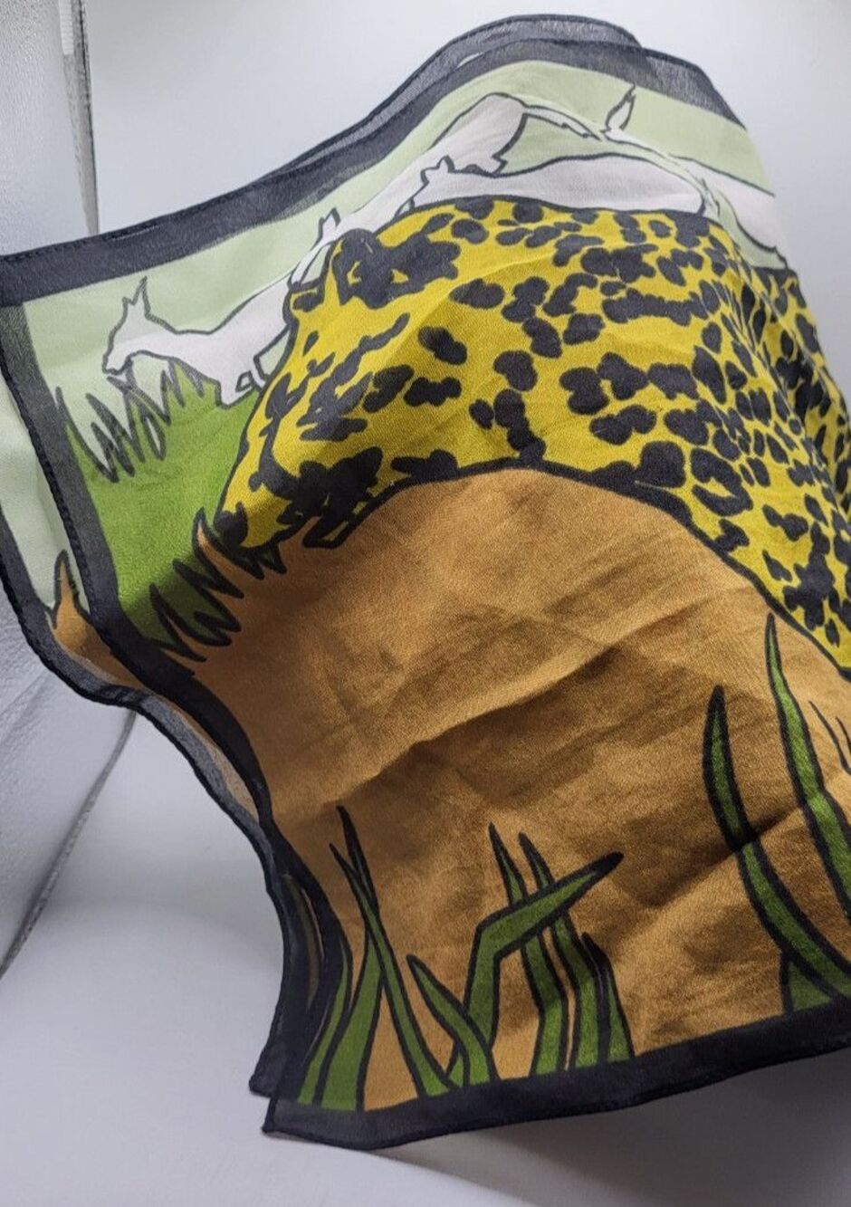 Vintage Cotton Scarf Cheetah Leopard Print Jungle Safari Motif Green Gold 52in